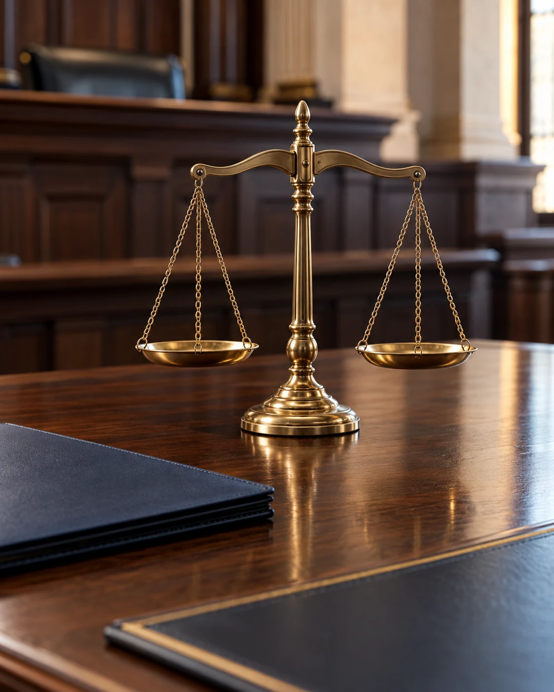 Balanza de justicia y expediente en un escritorio profesional
