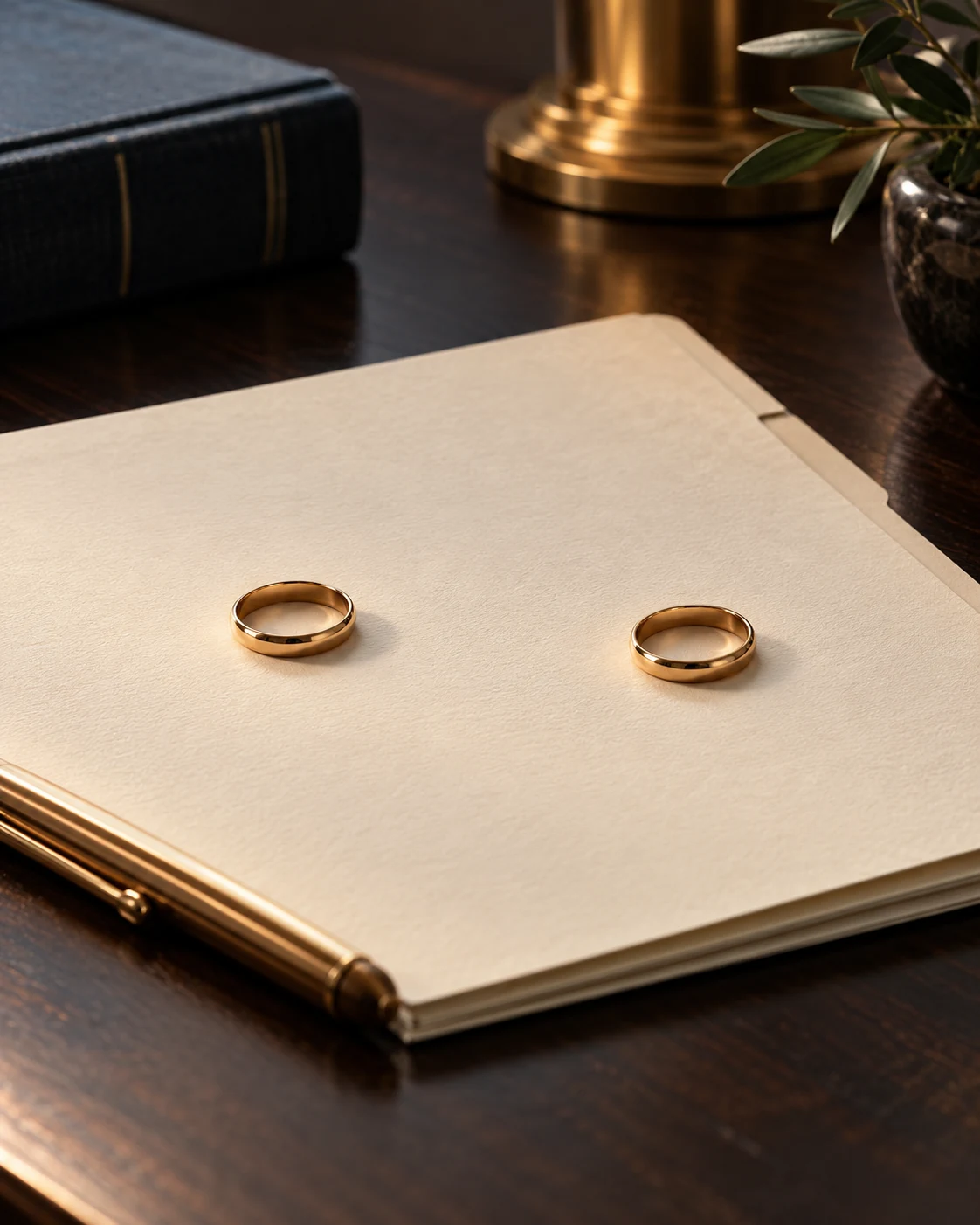 Dos anillos separados sobre una carpeta de documentos