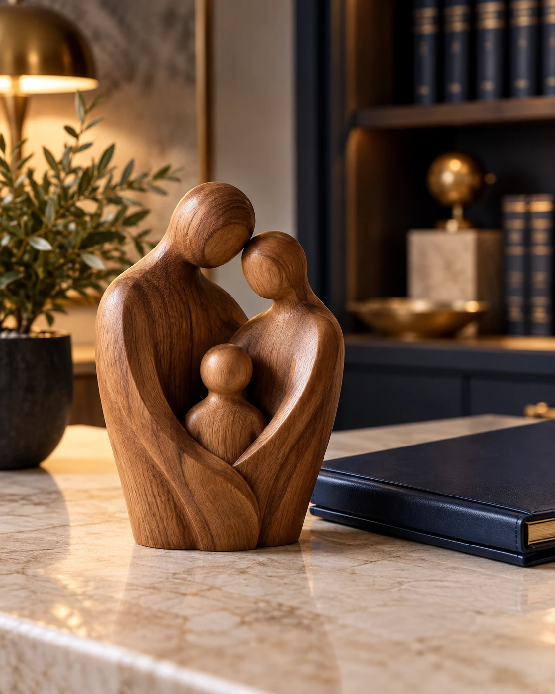 Escultura de figuras familiares junto a un expediente