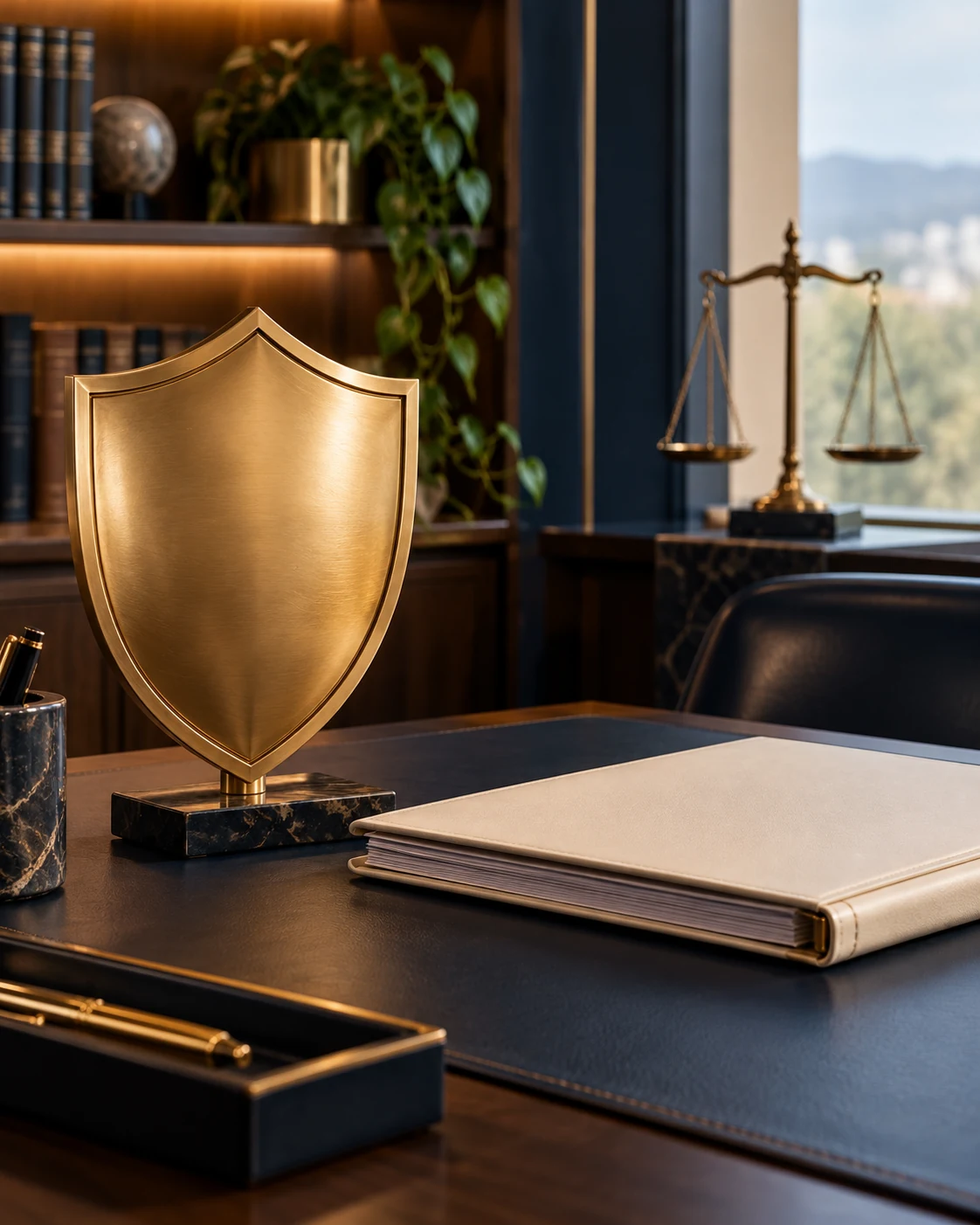 Escudo de latón y documentos como representación de protección legal